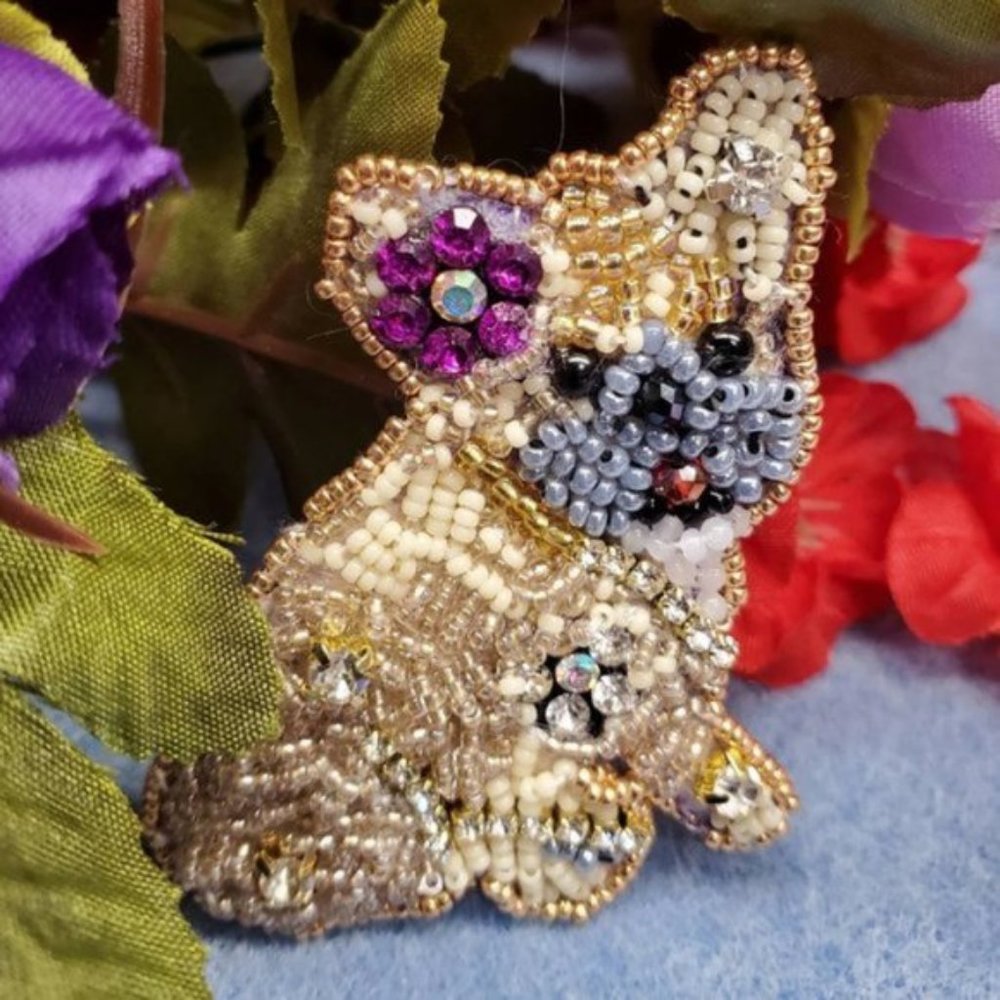 Beaded brooch French Bulldog puppy dog Made with Swarovski and Czech Crystals